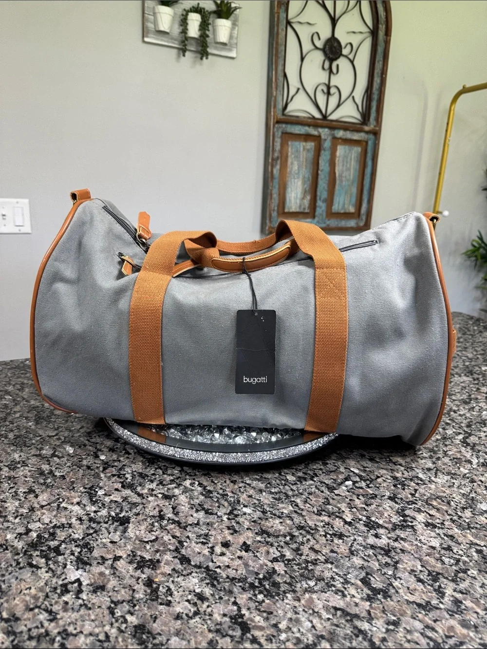 Bugatti Gray heavy canvas Duffel Bag with Tan Straps and shoulder strap NEW